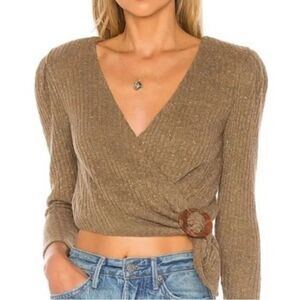 Revolve Majorelle Damien Ribbed Cropped Wrap Sweater in Mocha Brown Sz XS